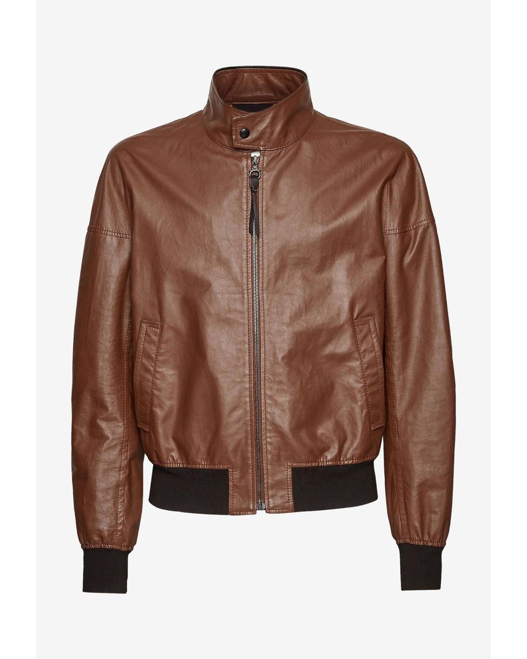 Ferragamo Brown Zip-Up Leather Bomber Jacket for men