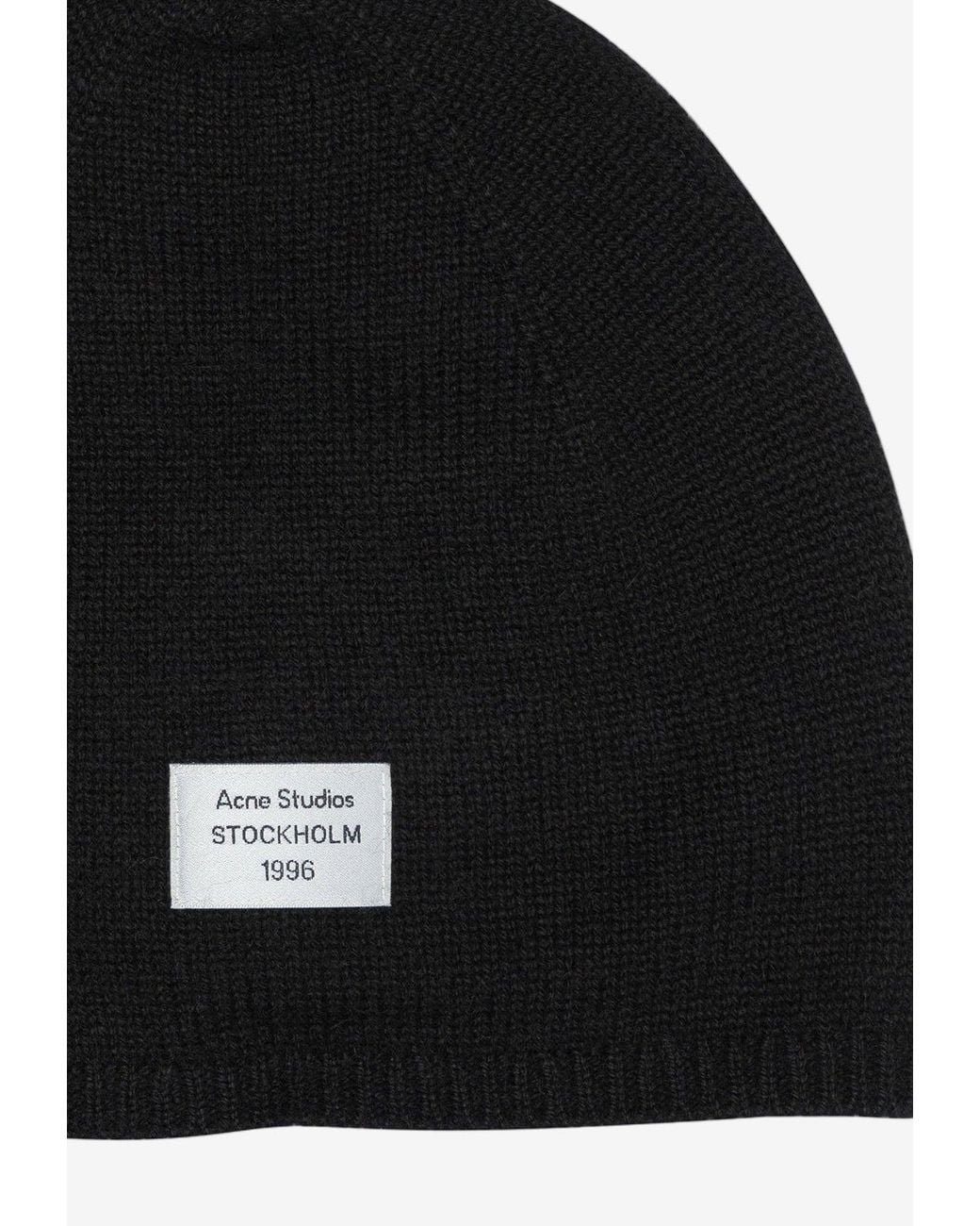 Acne Black Logo Patch Ribbed Cashmere Beanie for men