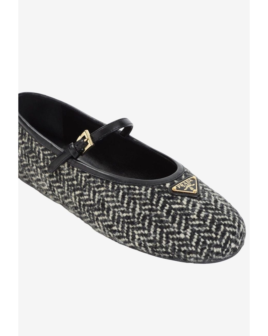 Prada White Triangle Logo Textured Wool Ballet Flats