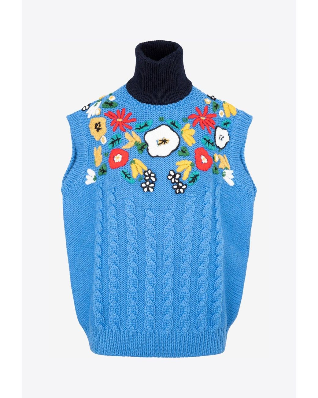 Miu Miu Floral Embroidery Turtleneck Gilet In Wool in Blue | Lyst
