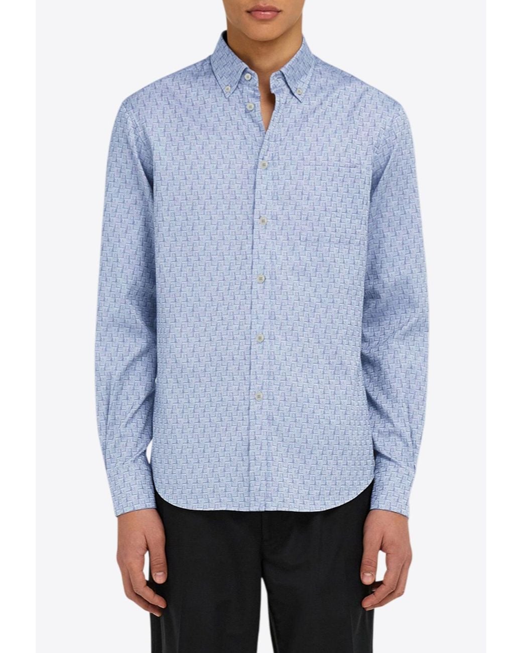 Ferragamo Blue Logo Monogram Button-Up Shirt for men