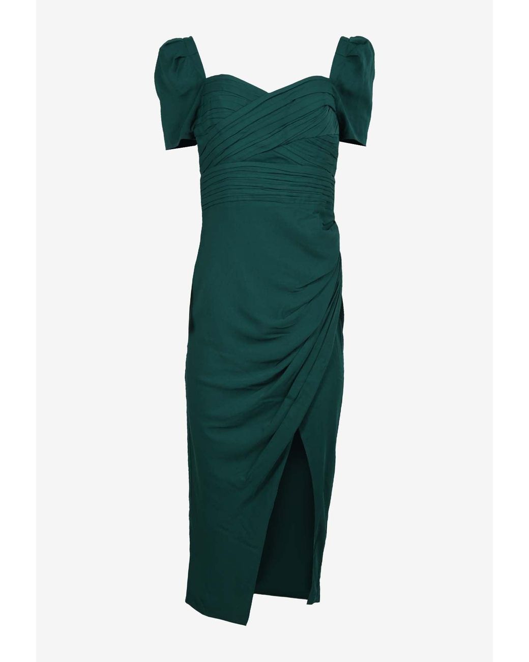Self-Portrait Stretch Crepe Wrap Midi Dress With Puff Sleeves in Green ...