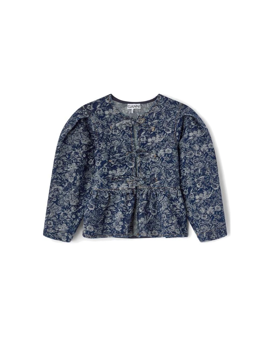 Ganni Blue Tapestry Denim Peplum Top
