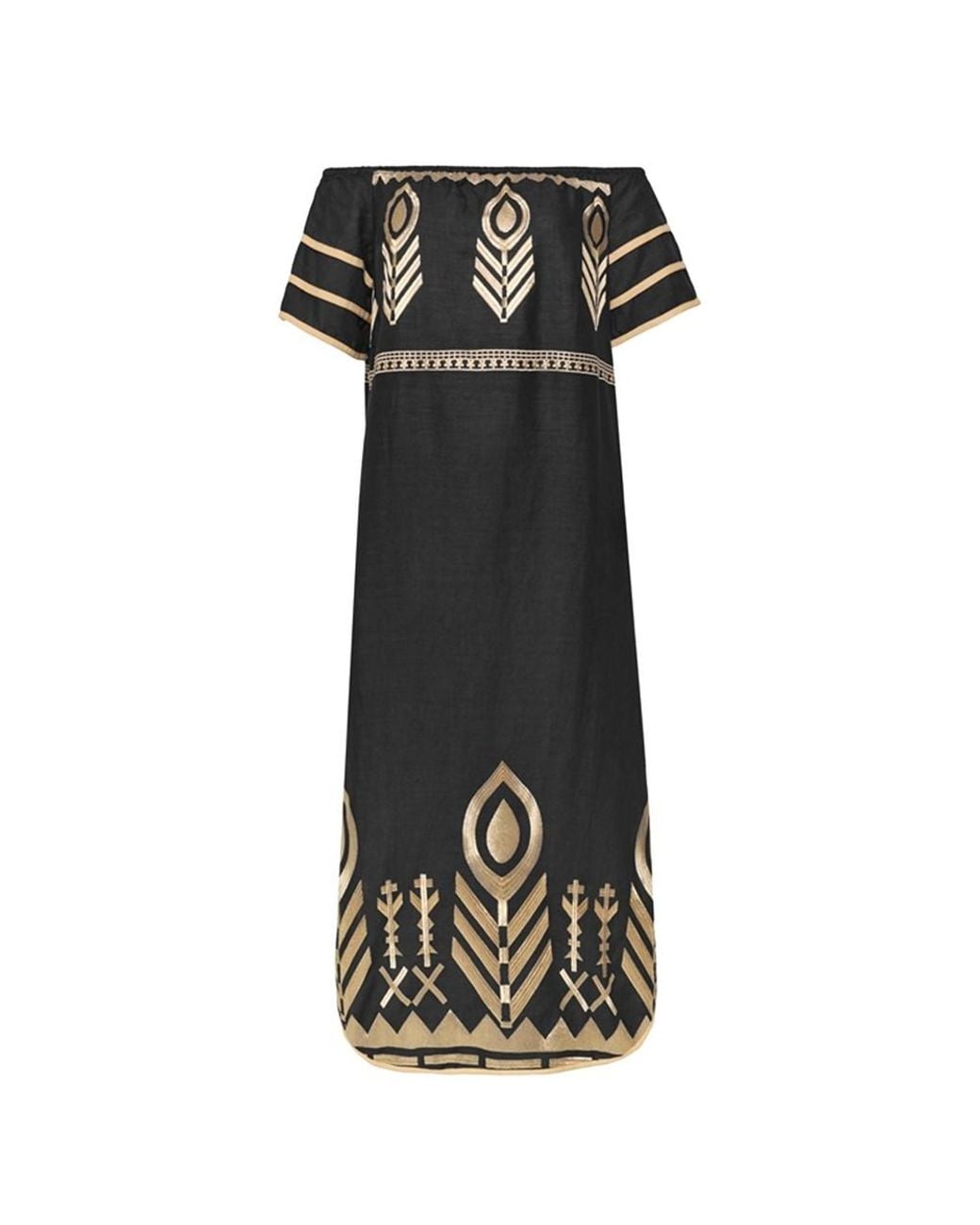 Greek Archaic Kori Feather Off Shoulder Linen Dress in Black | Lyst UK