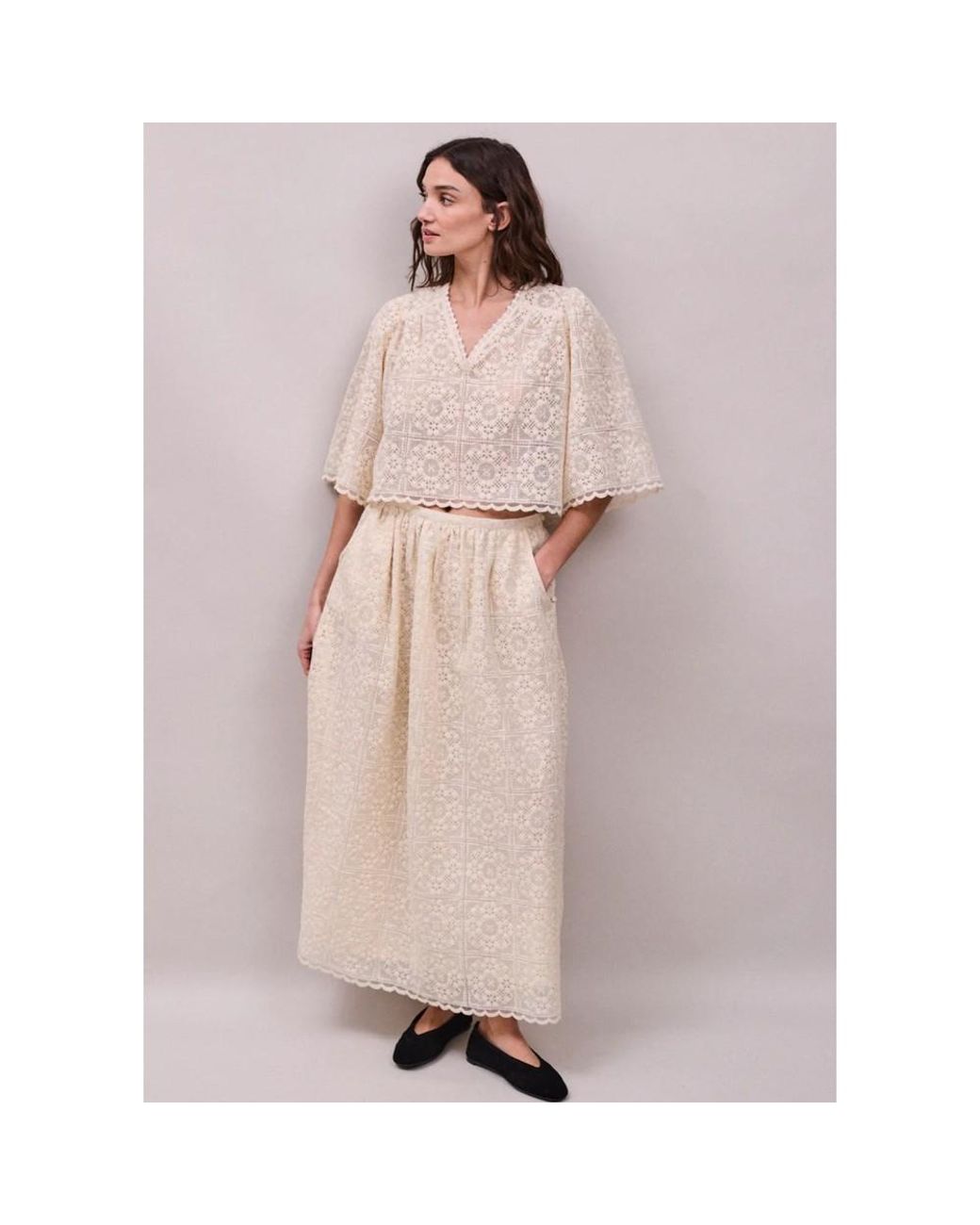 Faune Pink Jean Embroidered Lace Midi Skirt