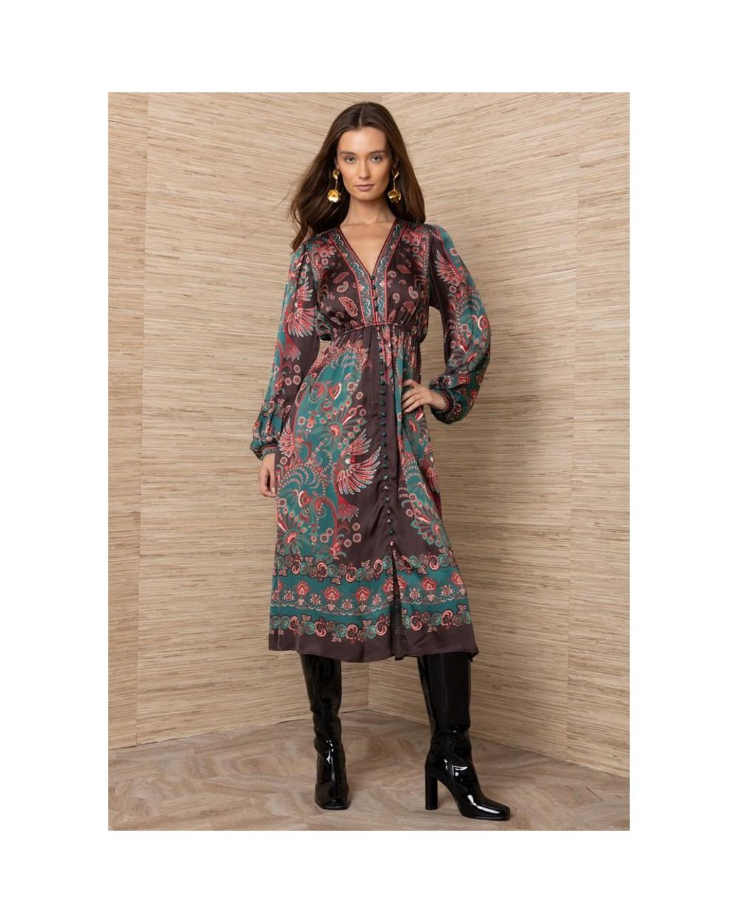 Hale Bob Brown Paisley Printed Long Sleeve Dress