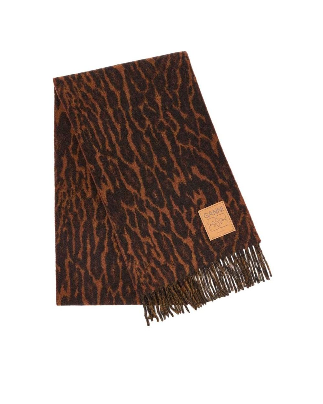 Ganni Brown Compact Leo Wool Scarf