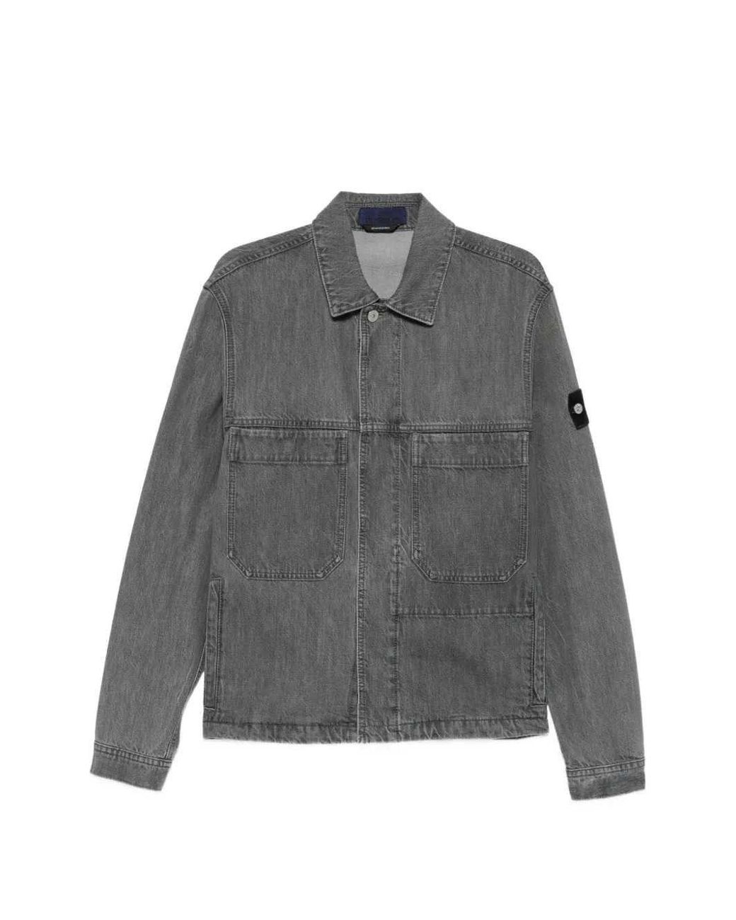 Stone Island Gray Denim Jacket With Logo Patch for men