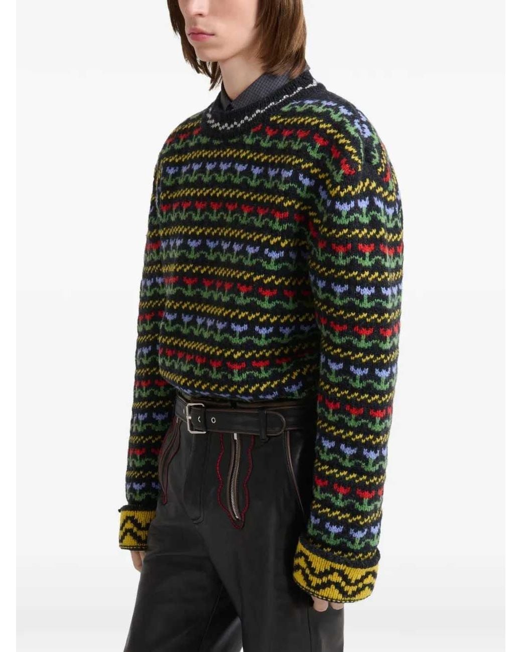 Marni Green Shetland Wool Sweater With Fair Isle Pattern for men