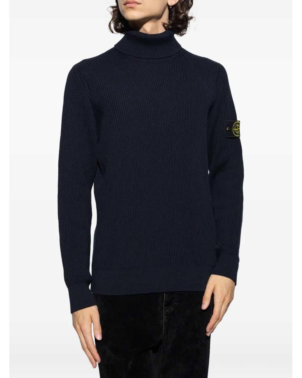 Stone Island Blue Ribbed High-Neck Sweater for men