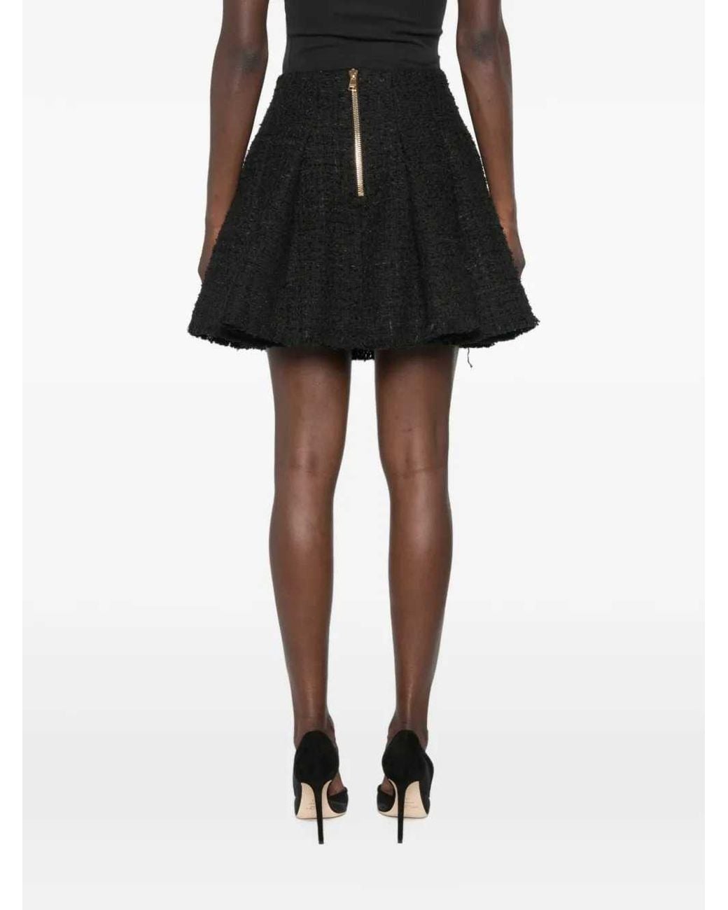 Balmain Black Flared Tweed Skirt