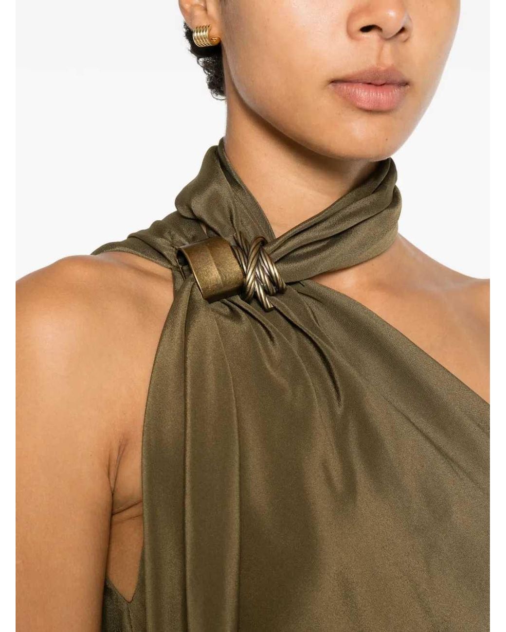 Max Mara Natural Evasto One-Shoulder Silk Midi Dress With Metallic Details