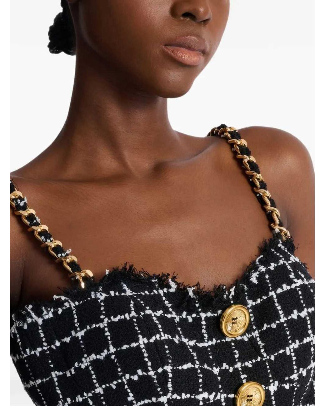 Balmain Black Tweed Top With Shoulder Straps