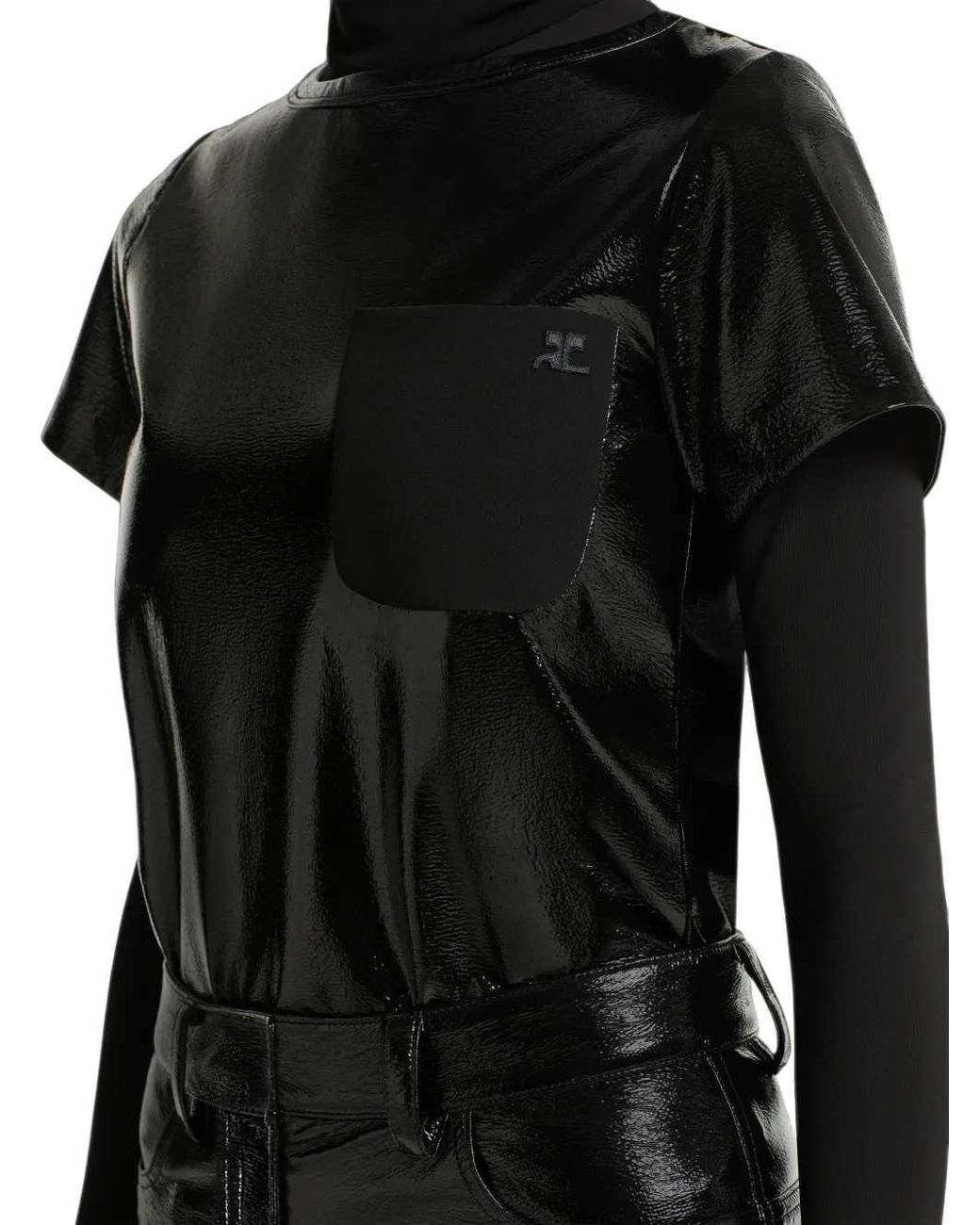 Courreges Black Vinyl-Detail T-Shirt With Pocket