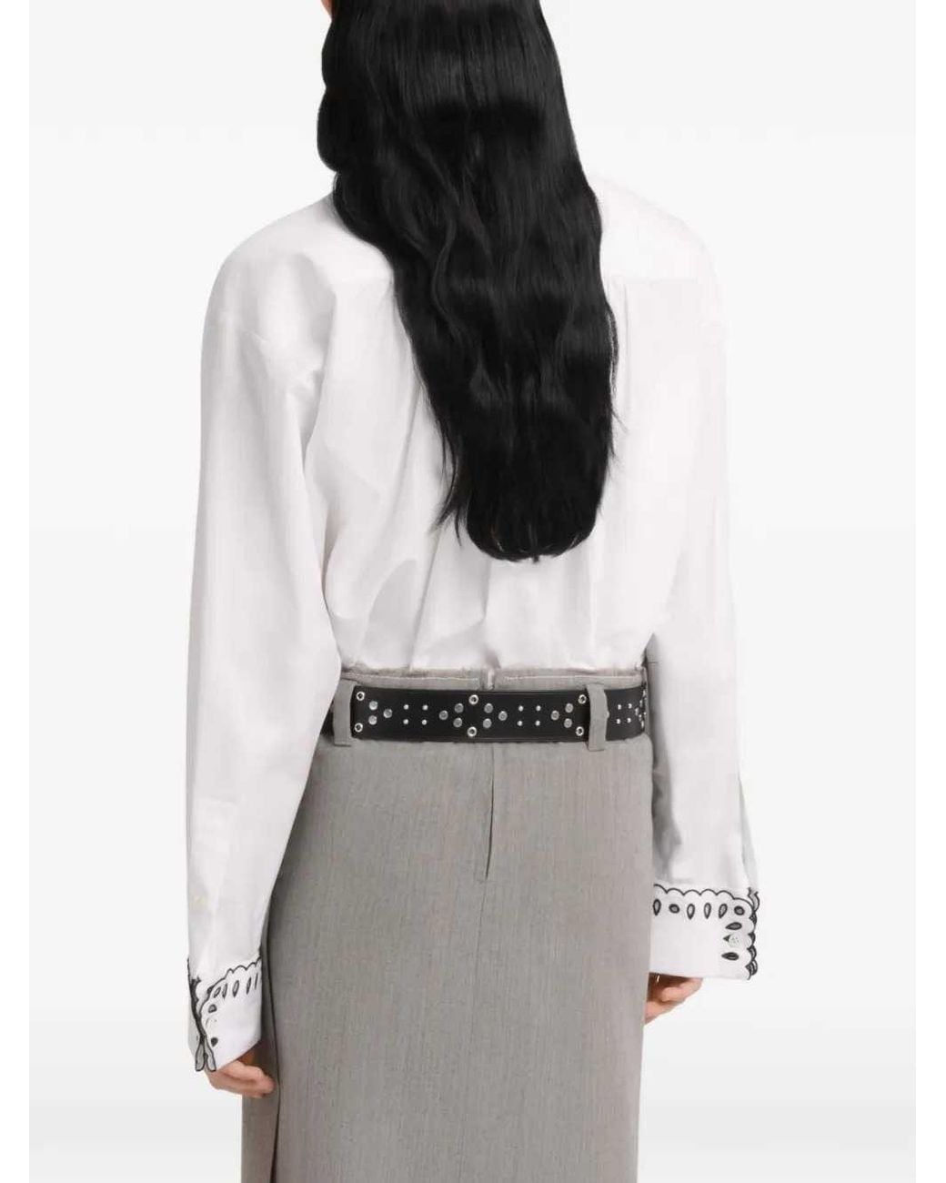Marni White Poplin Shirt With Half-Button Placket And Broderie Anglais