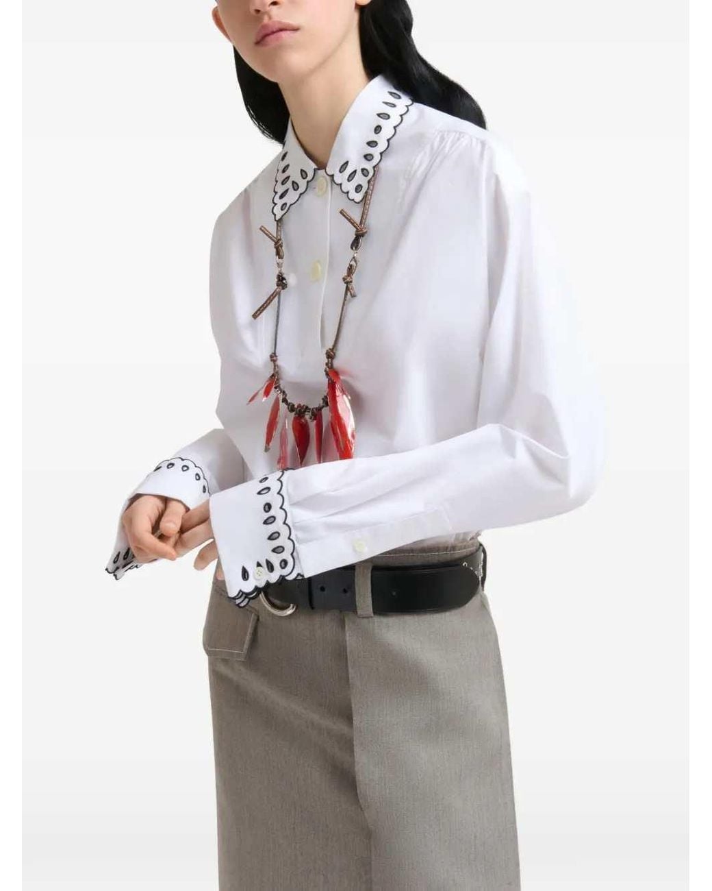 Marni White Poplin Shirt With Half-Button Placket And Broderie Anglais