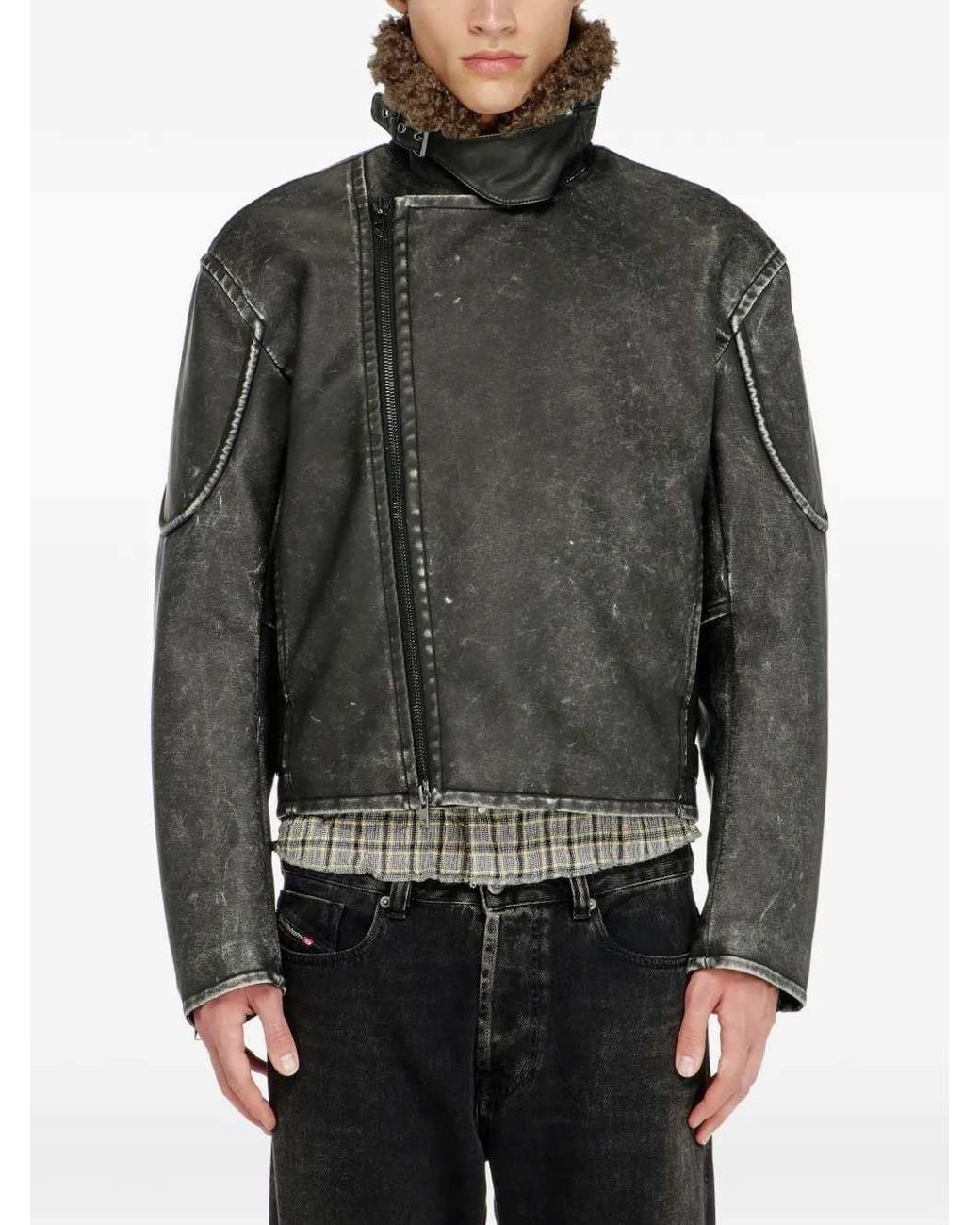 DIESEL Gray Biker Jacket With Detachable Collar for men