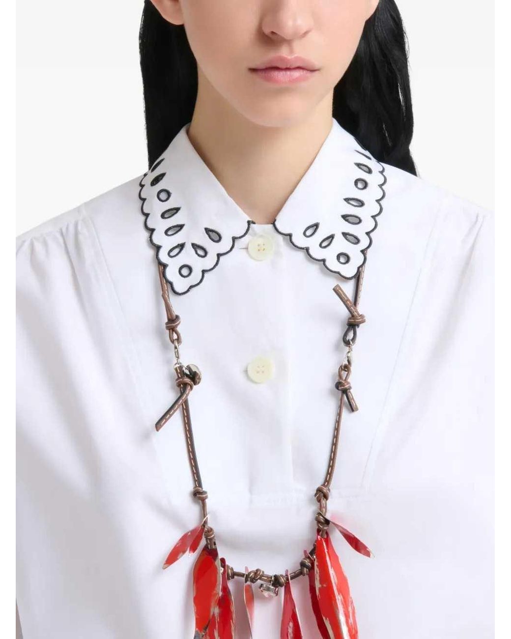 Marni White Poplin Shirt With Half-Button Placket And Broderie Anglais