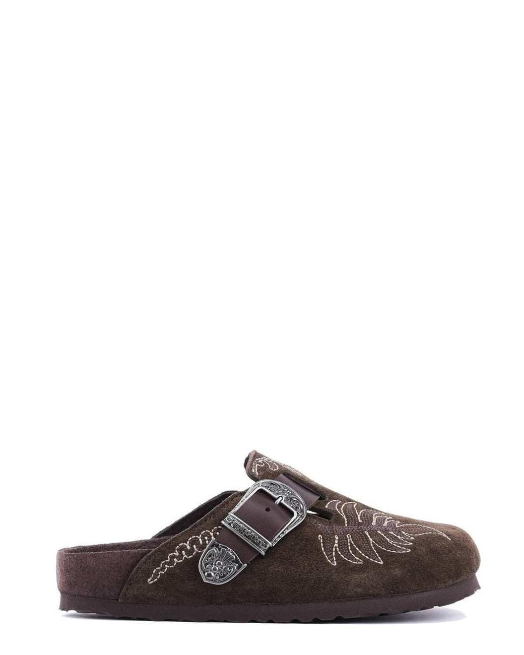 BIRKENSTOCK BY ETRO Brown Embroidered Suede Boston Mules