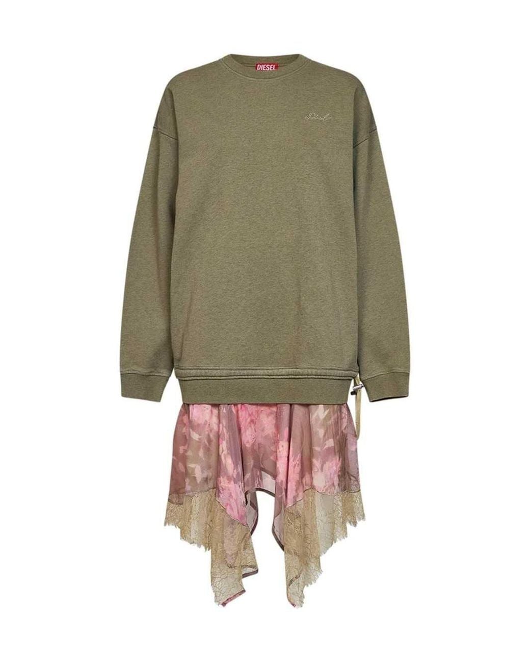 DIESEL Green Sweatshirt-Style Dress With Lace And Chiffon Skirt