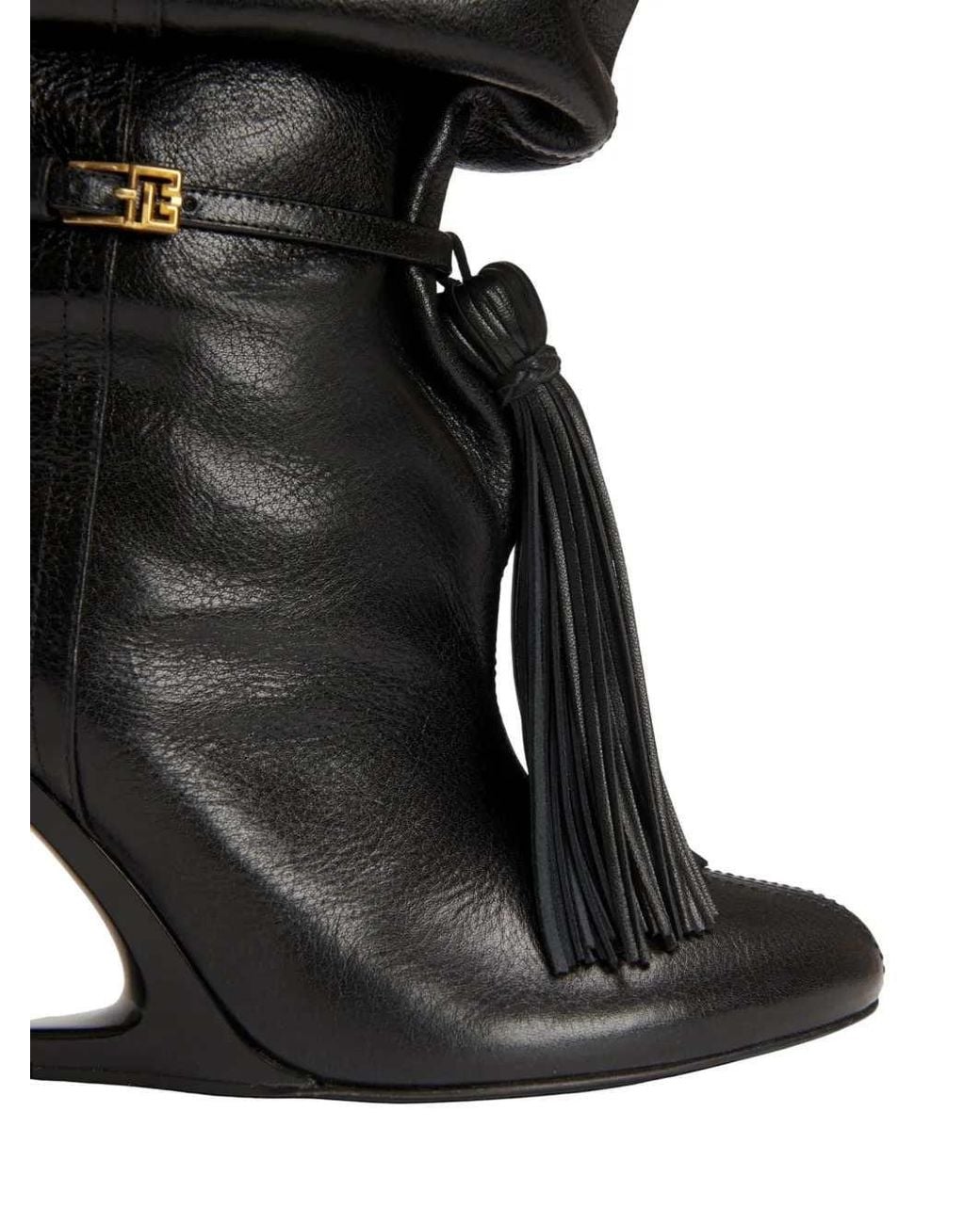 Balmain Black Textured Leather Thigh-High Boots With Tassels