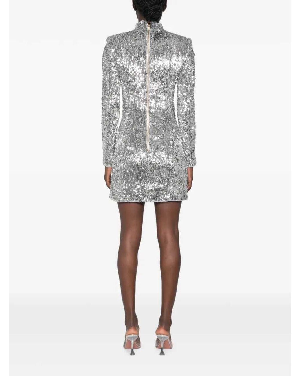 Balmain Gray Sequin-Embellished High-Neck Mini Dress