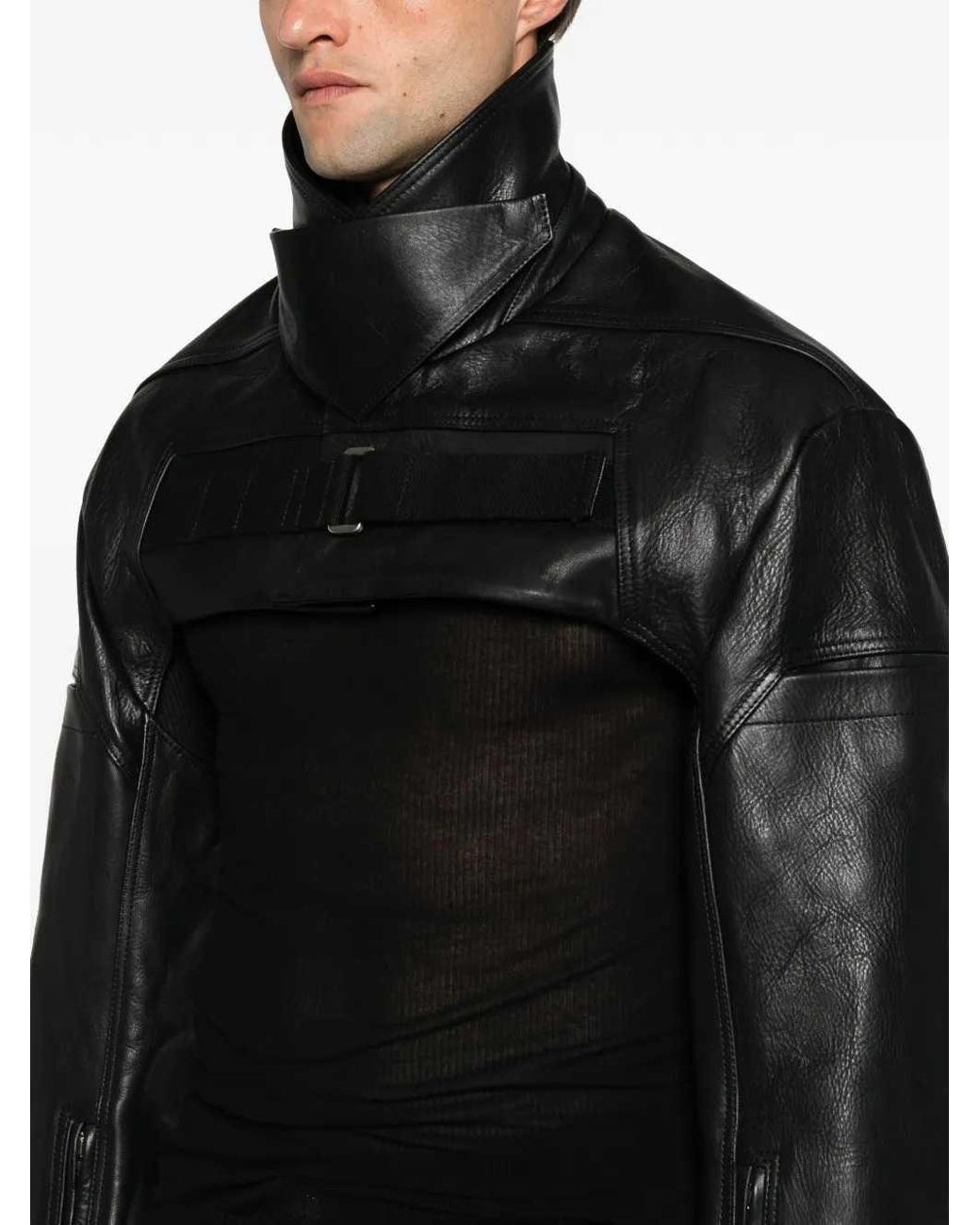 Rick Owens Black Multi-Panel Layered Leather Jacket for men
