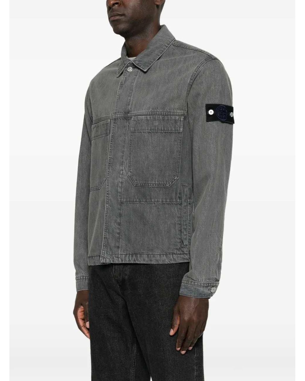 Stone Island Gray Denim Jacket With Logo Patch for men