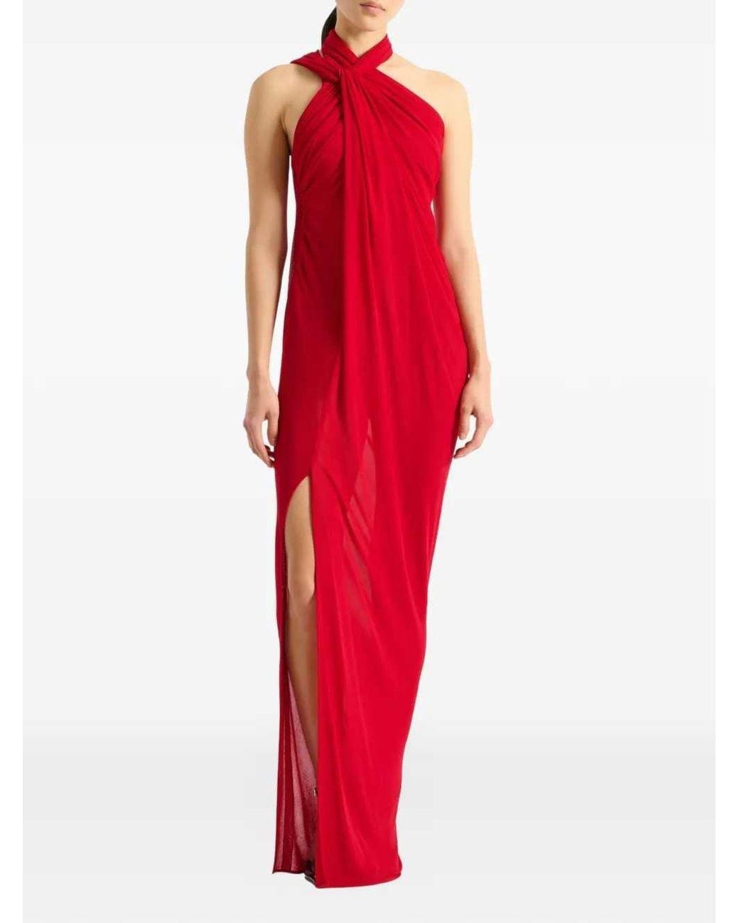 Balmain Red Draped Jersey Maxi Dress