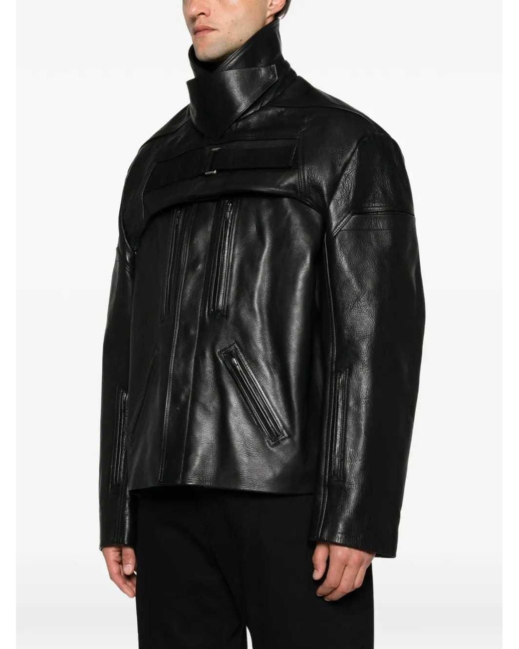Rick Owens Black Multi-Panel Layered Leather Jacket for men