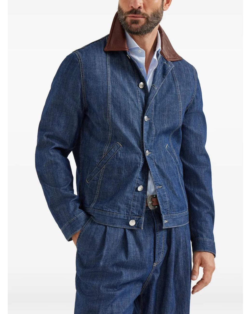 Brunello Cucinelli Blue Lightweight Denim Jacket With Leather Collar for men