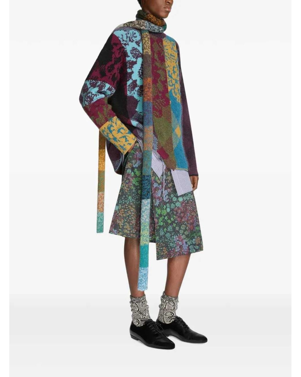Dries Van Noten Blue Patchwork Wool Sweater for men