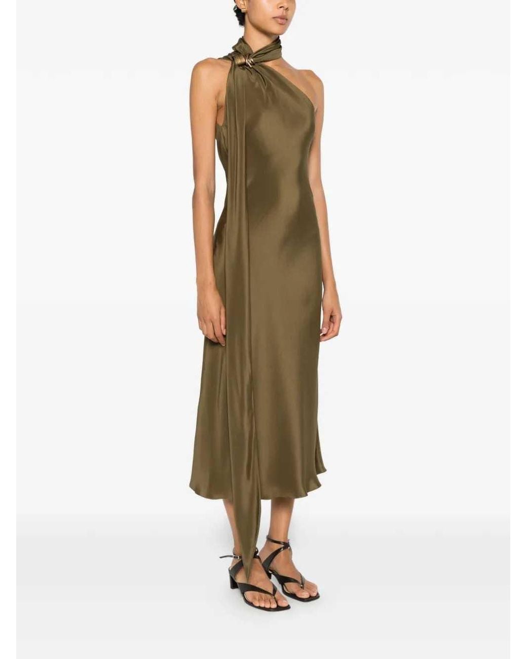 Max Mara Natural Evasto One-Shoulder Silk Midi Dress With Metallic Details