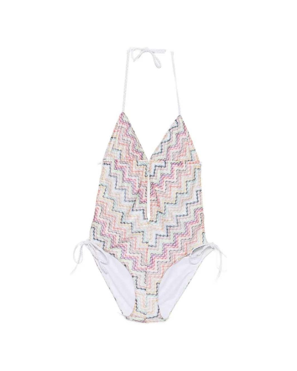 Missoni White Halterneck Swimsuit With Zigzag Knit