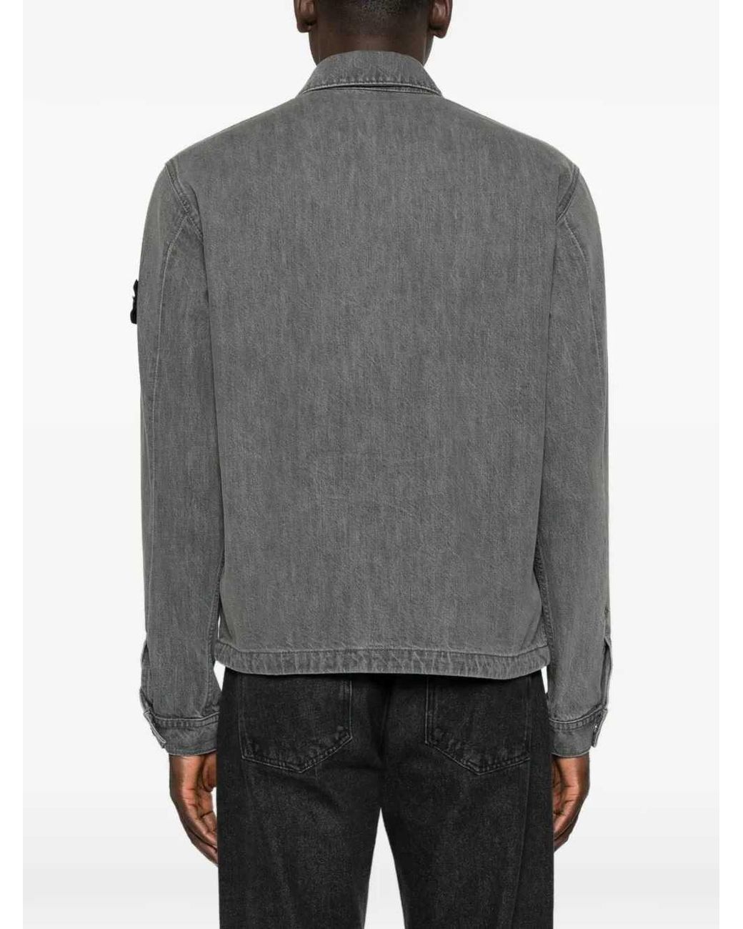 Stone Island Gray Denim Jacket With Logo Patch for men
