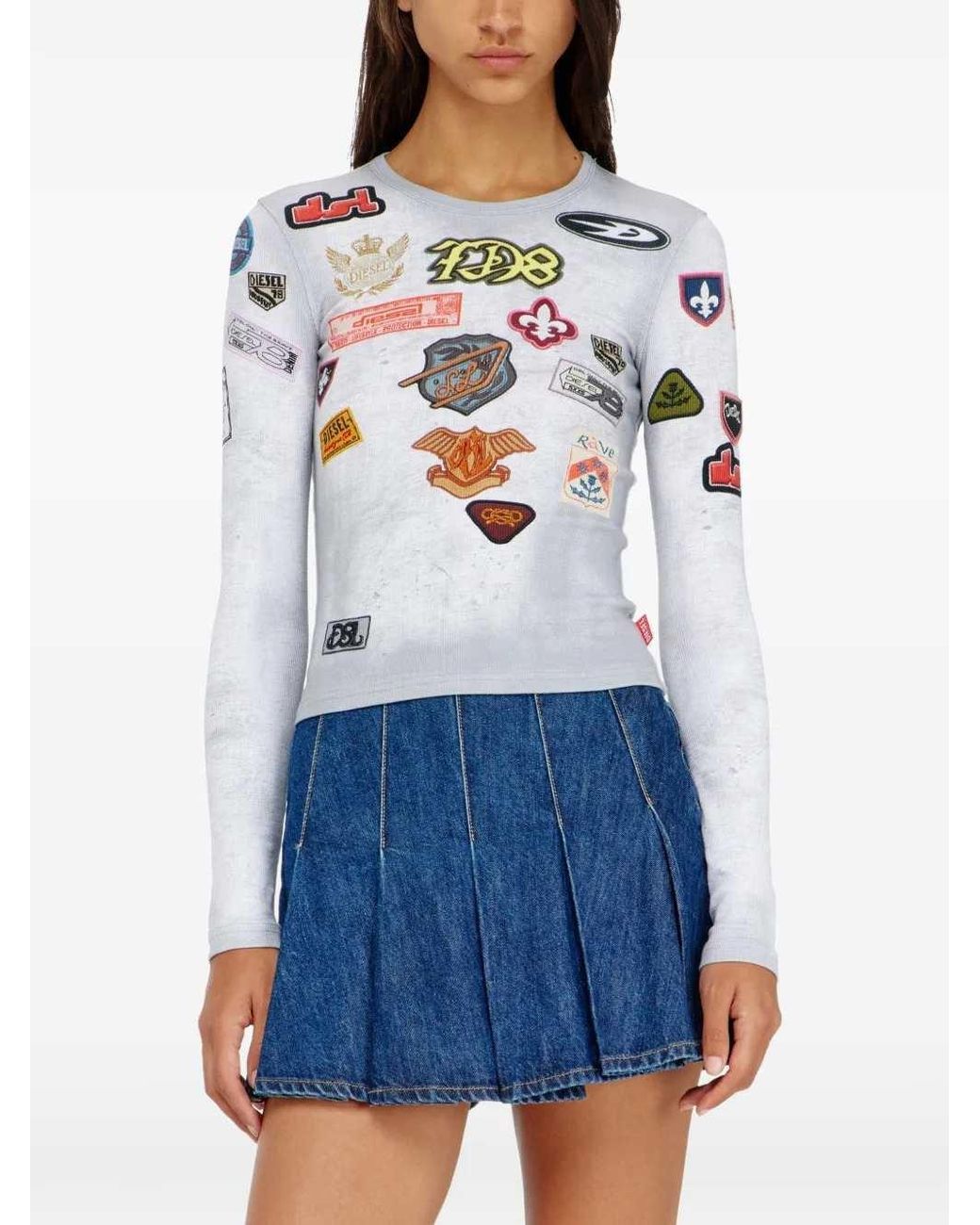 DIESEL White Ribbed Jersey Top With All-Over Print