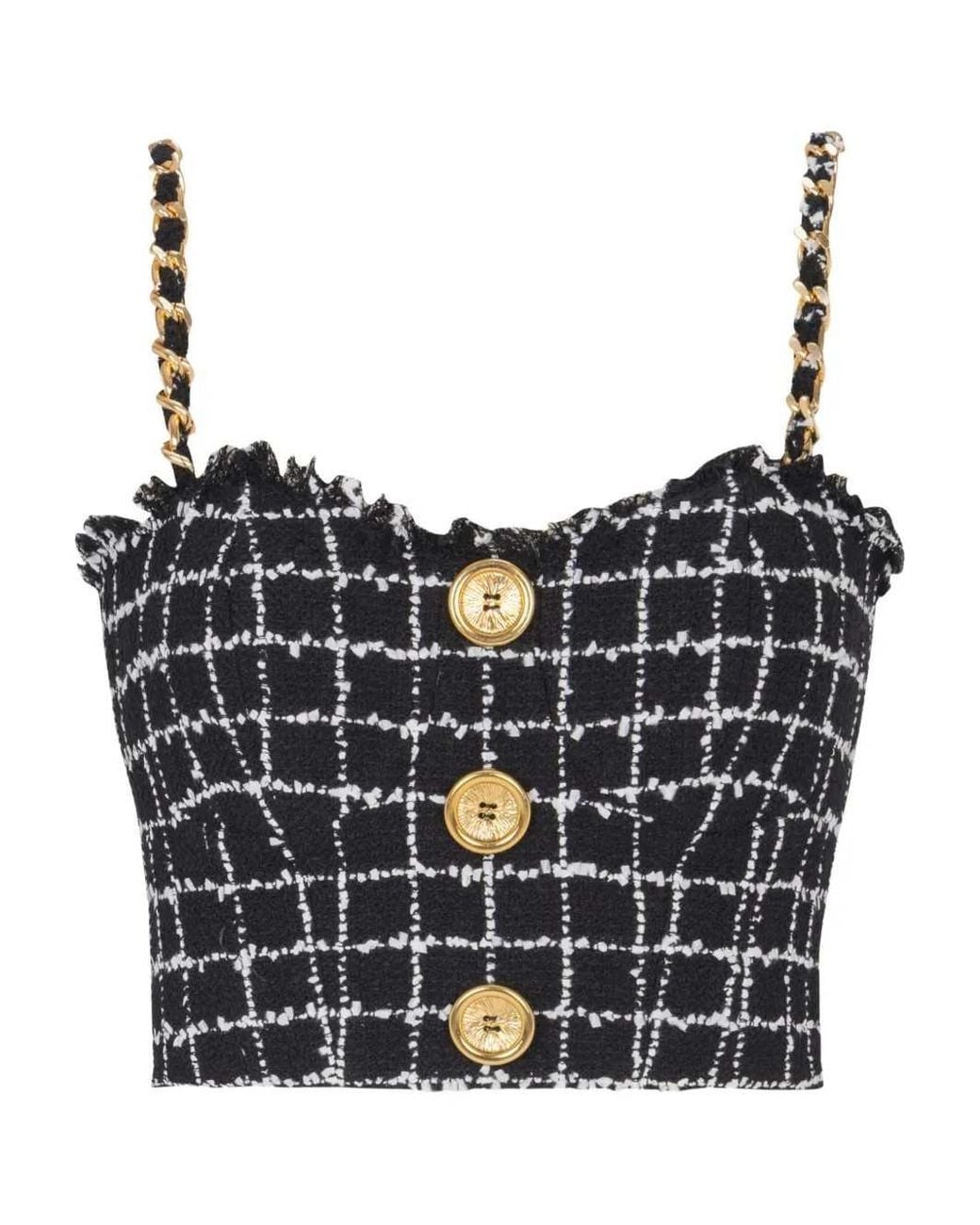 Balmain Black Tweed Top With Shoulder Straps