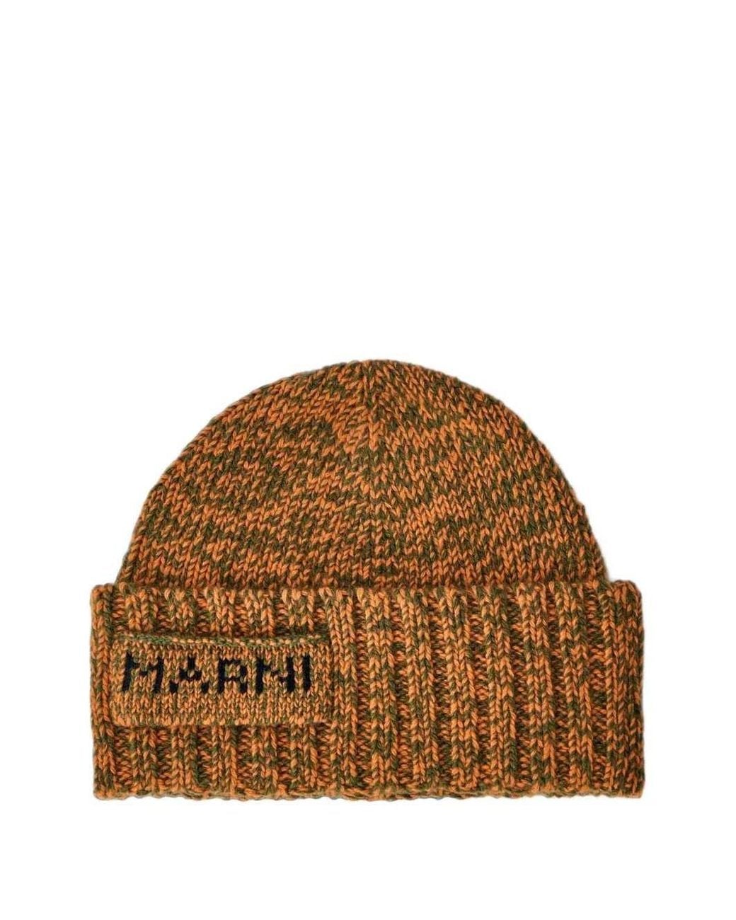 Marni Brown Ribbed Knit Beanie With Embroidered Logo for men