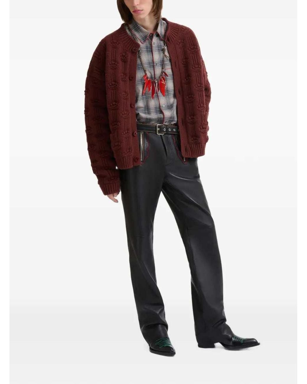Marni Black Leather Trousers With Embroidered Inserts for men