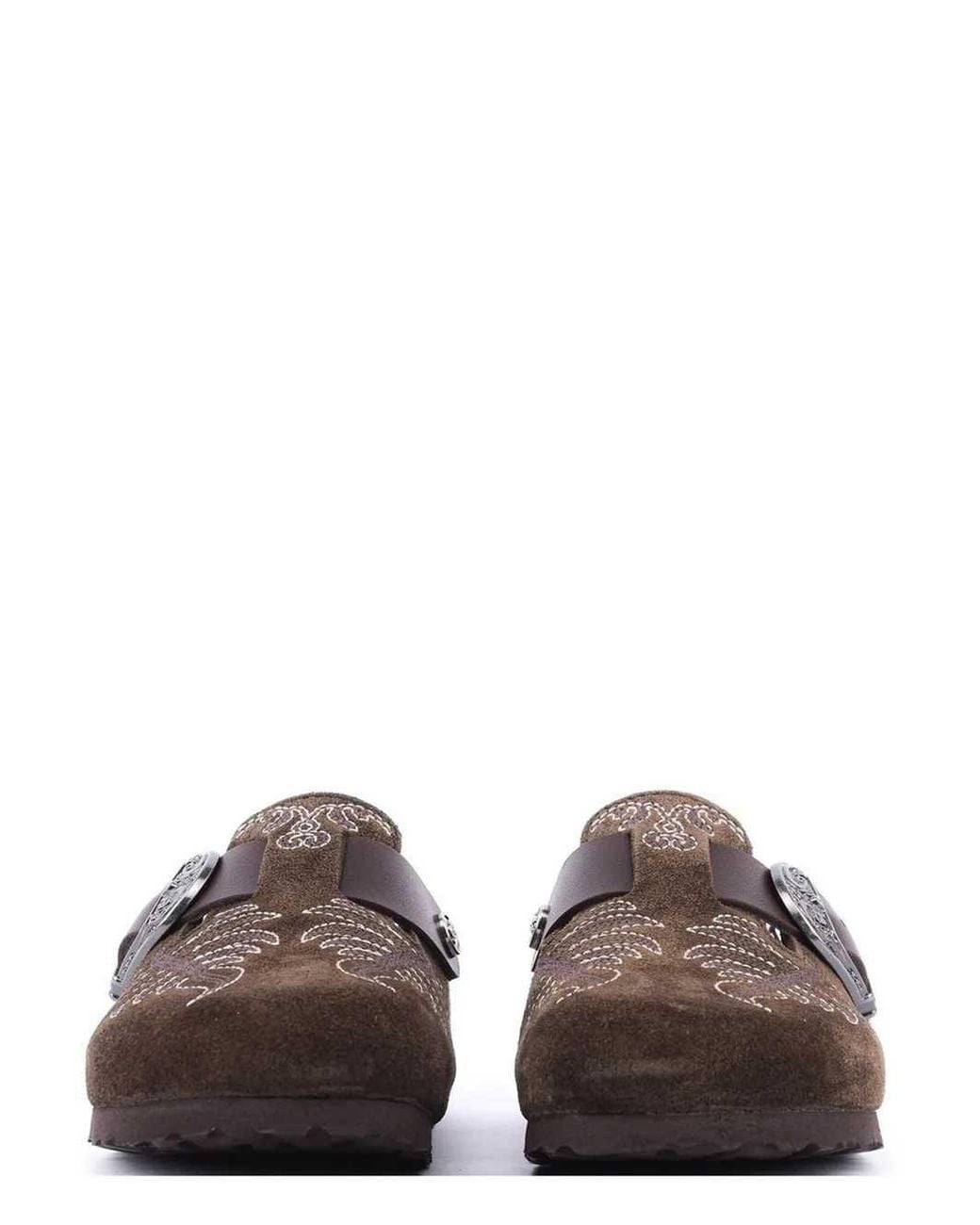 BIRKENSTOCK BY ETRO Brown Embroidered Suede Boston Mules