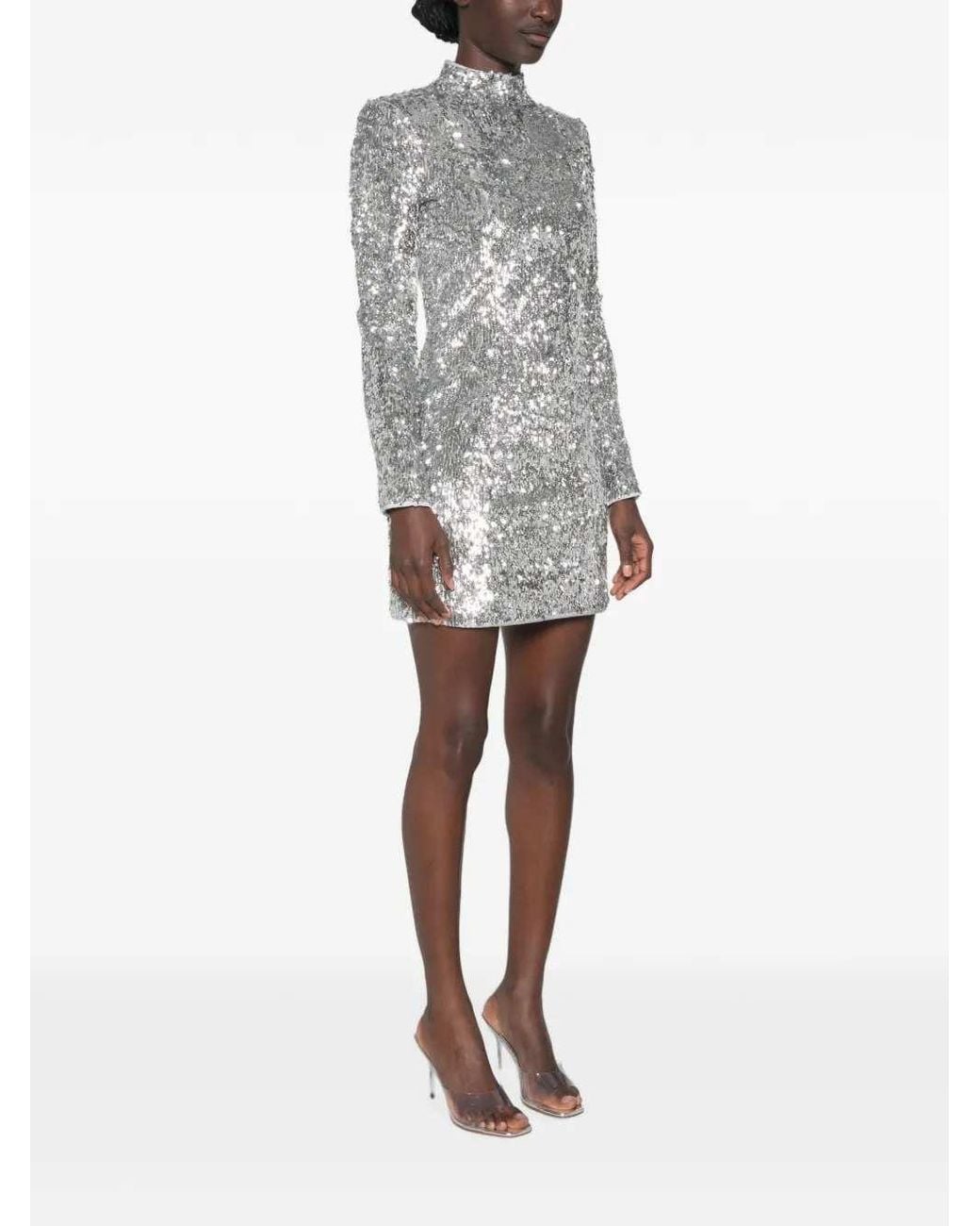 Balmain Gray Sequin-Embellished High-Neck Mini Dress