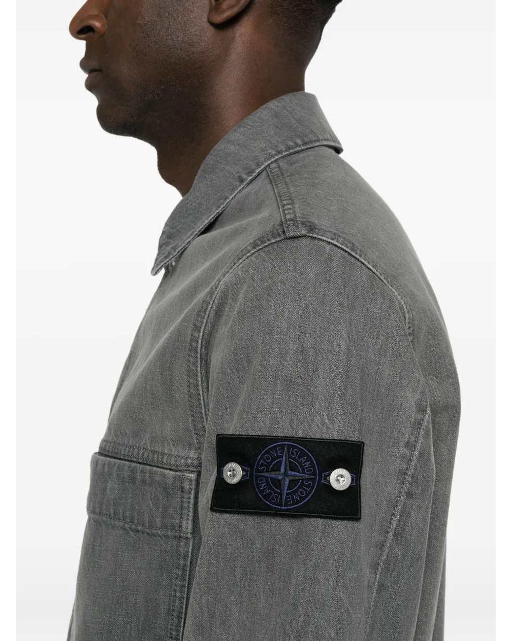 Stone Island Gray Denim Jacket With Logo Patch for men