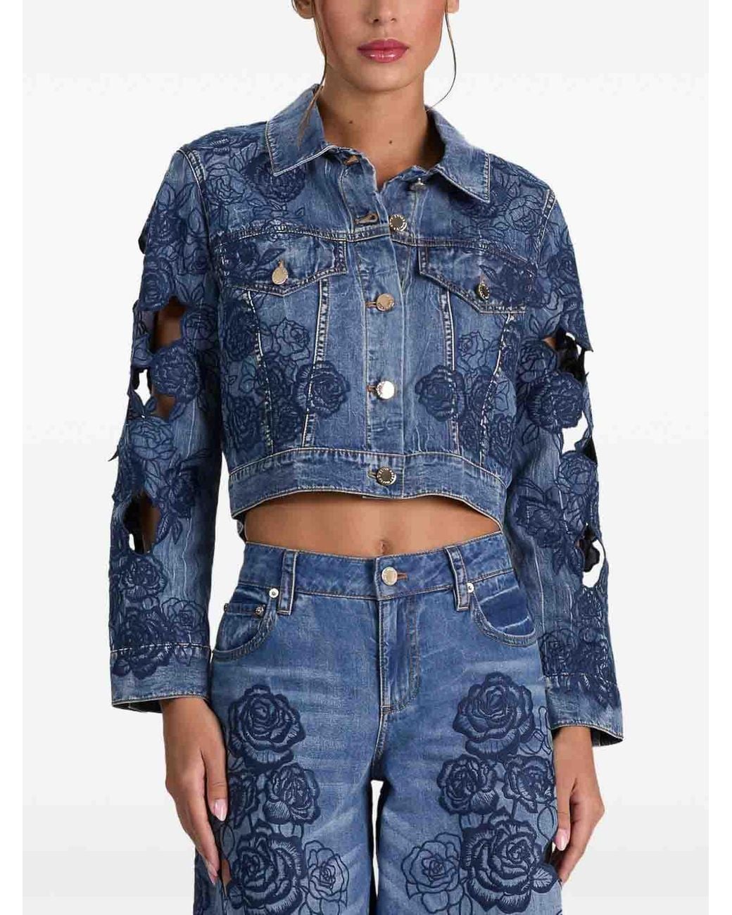 Alice + Olivia Blue Embroidered Denim Jacket