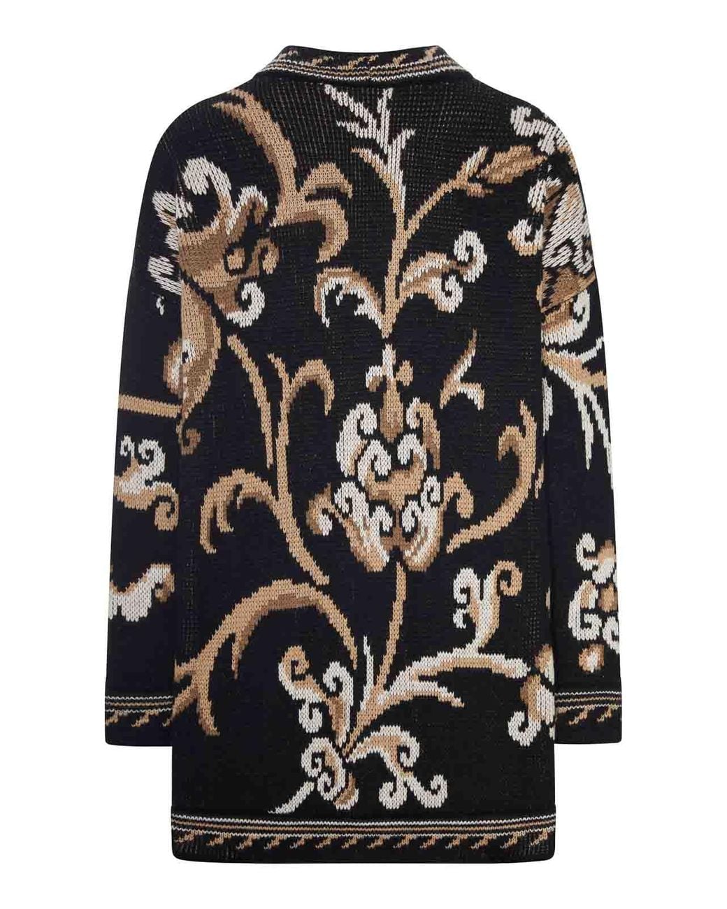 Etro Black Jacquard Knit Cardigan With Floral Pattern