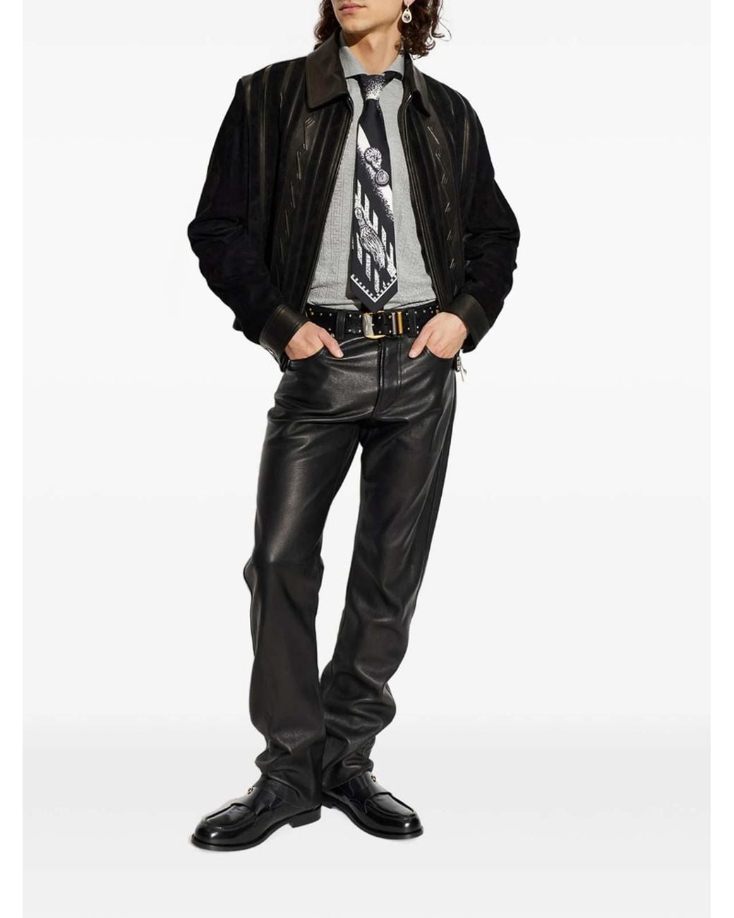 Versace Black Leather Outerwear for men