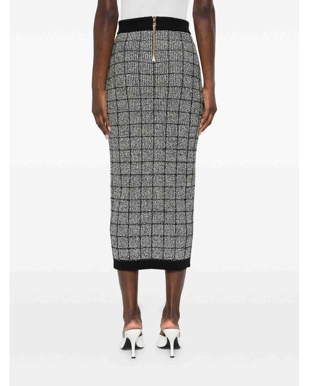 Balmain Gray Checked High-Rise Long Pencil Skirt