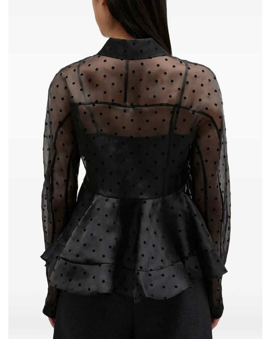 Ganni Black Flocked Organza Peplum Shirt