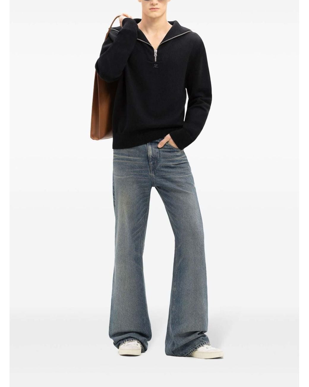 Courreges Black Merino Wool Sweater With Zipper