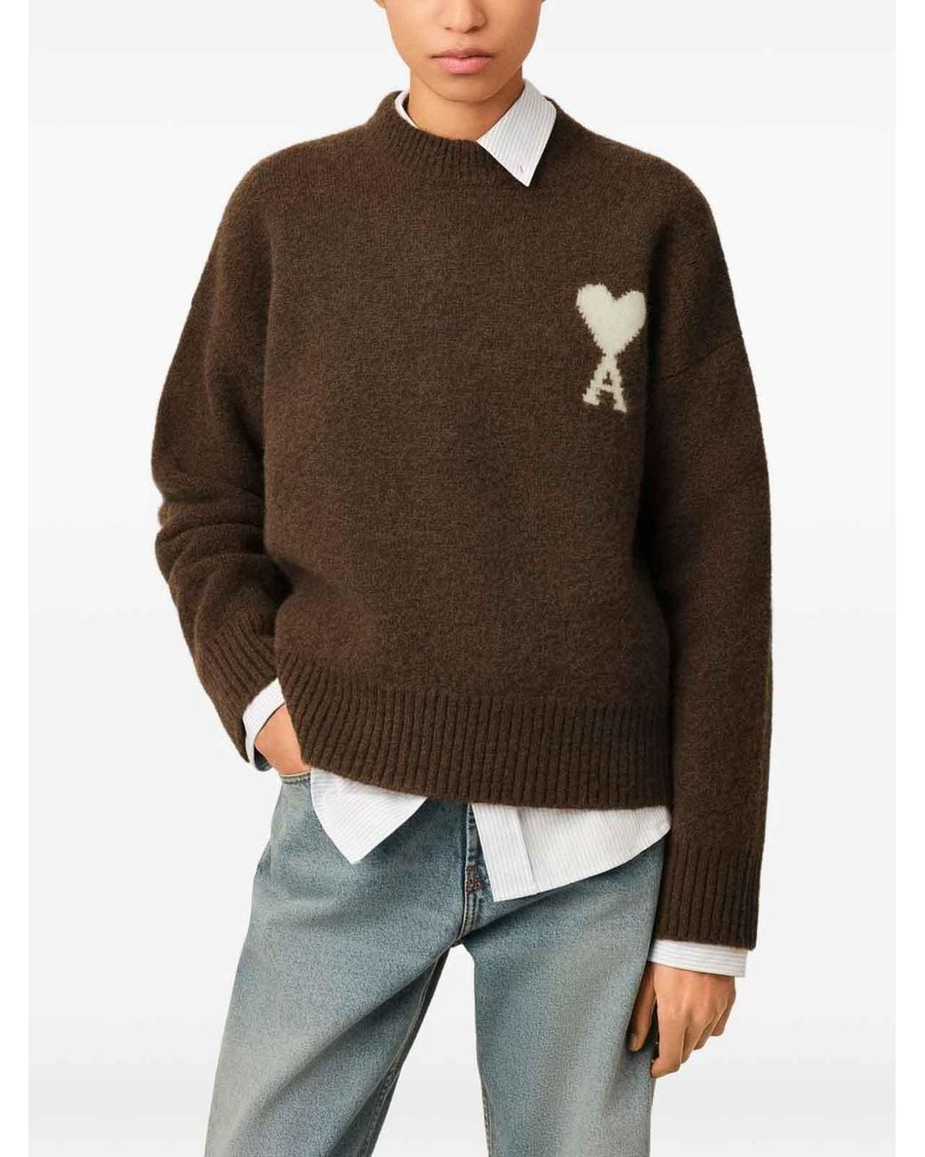 AMI Brown Ami De Coeur Wool Crewneck Sweater for men