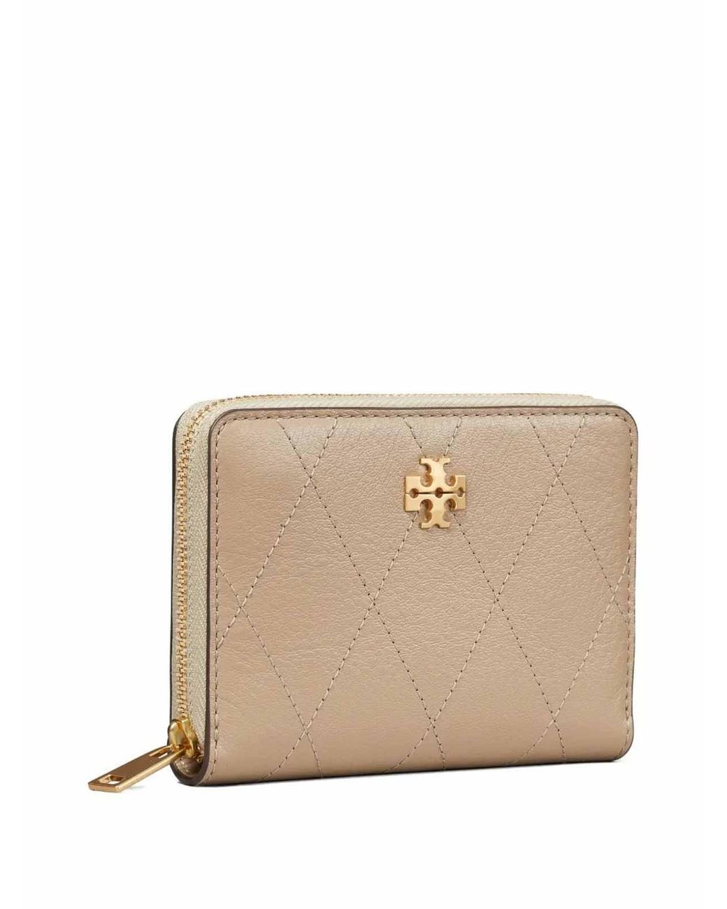 Tory Burch Natural Charlie Quilted Small Zip Around Wallet